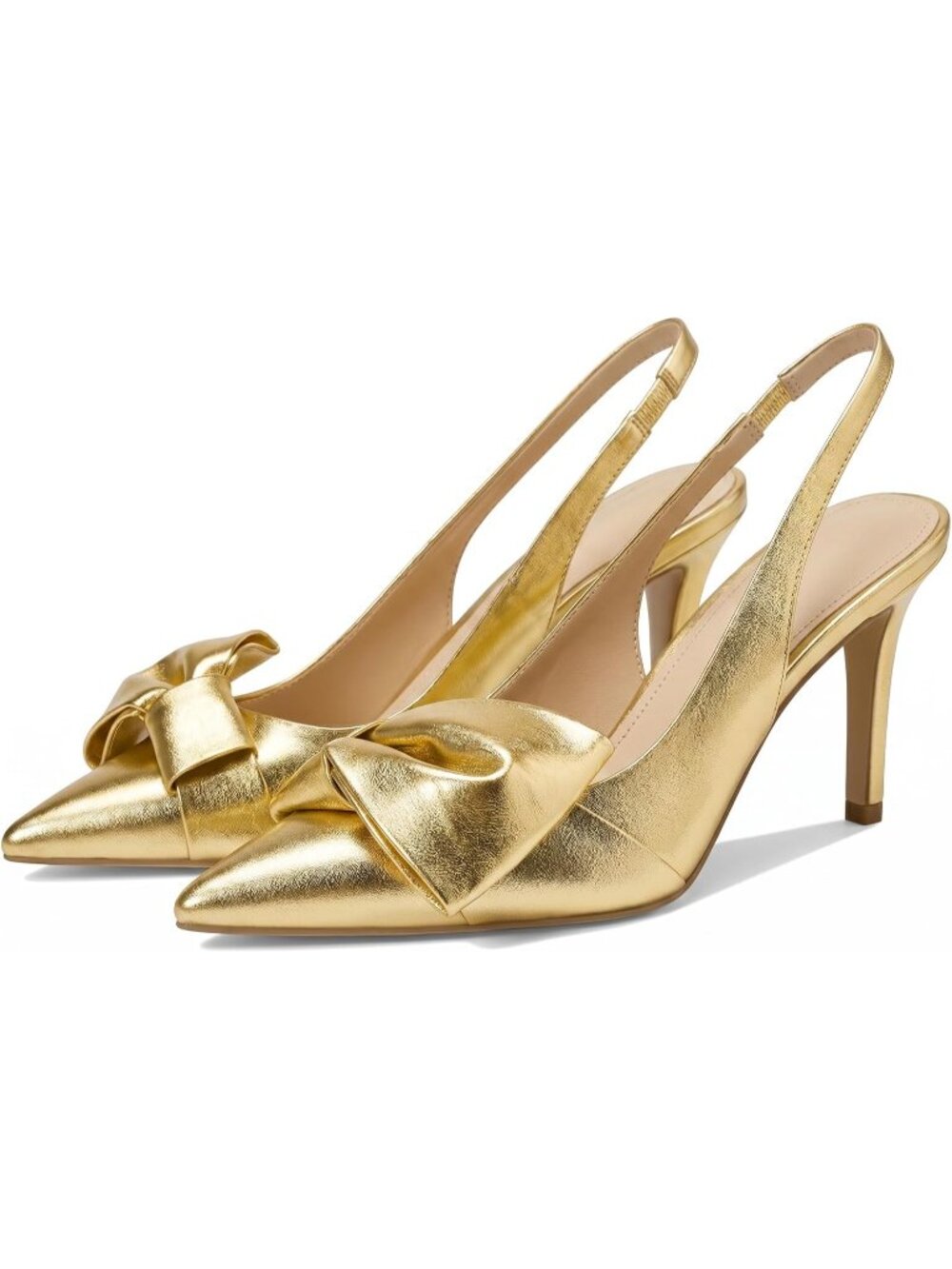 Women's Pu Gold Slingback Heels with Bow Pointed Toe Pumps Elasticated Strap